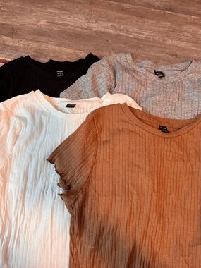 SHEIN Ribbed Short Sleeve Tops - Black, White, Gray, Brown
